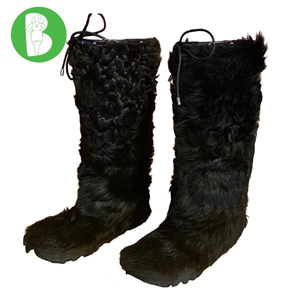 VINTAGE RALPH LAUREN COLLECTION DYED BLACK SHEARLING LAMB & LEATHER BOOTS (5.5)